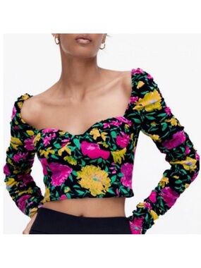 Zara Black Pink Green Floral Print Crop Top Small Sweetheart Neck Long Sleeve